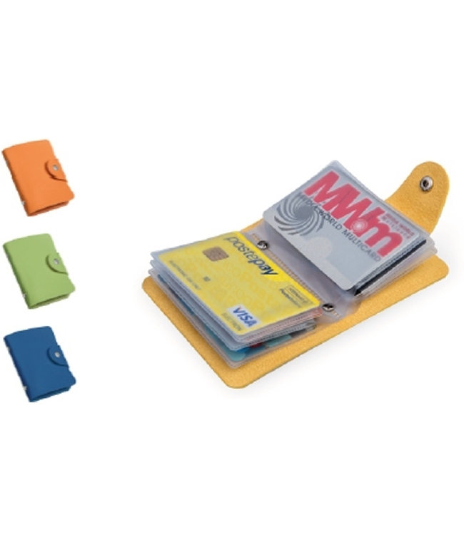 Art. FS480H, Portacard in poliutretano colorato. Munito di 12 tasche. Con bottone.